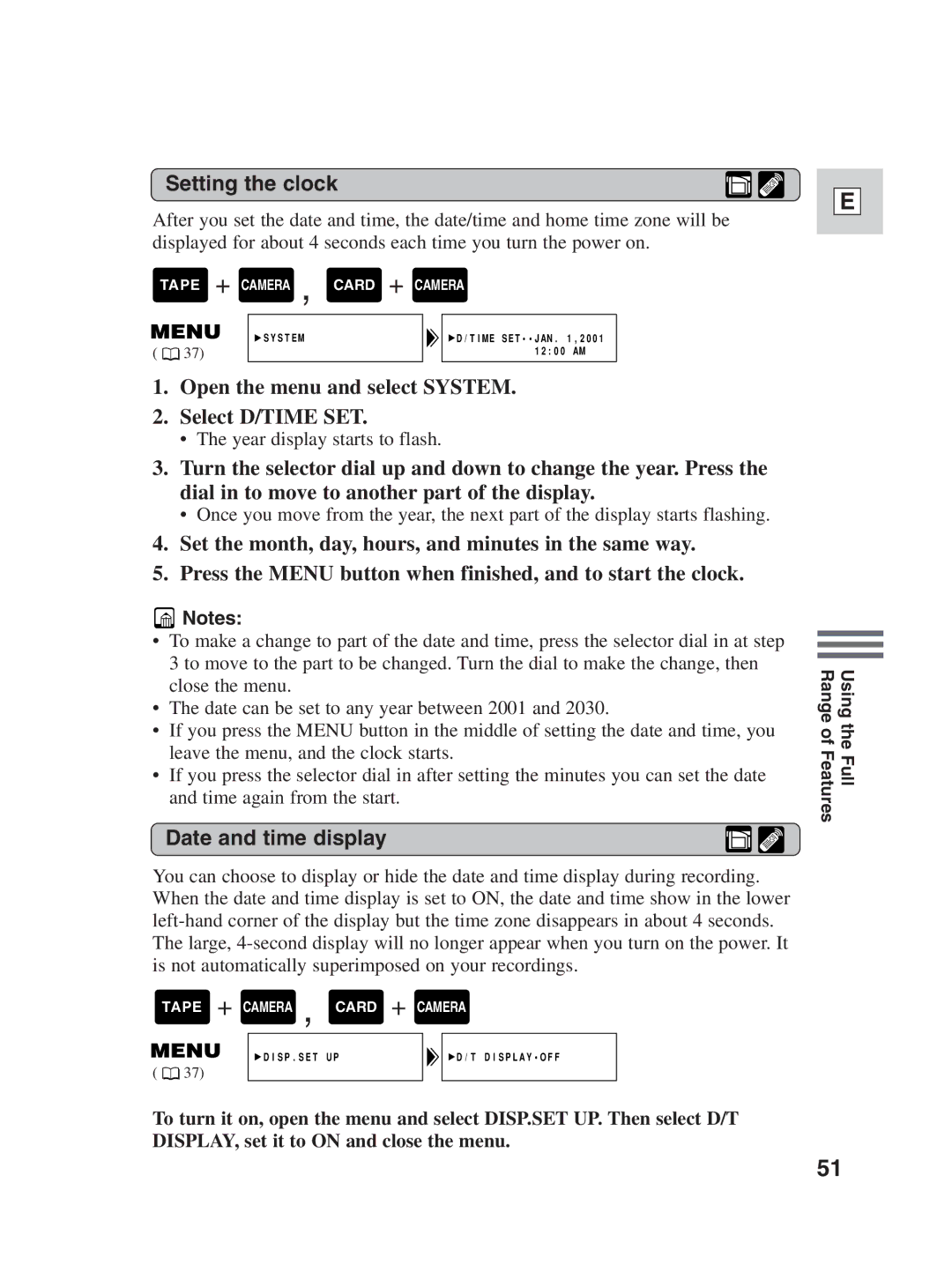 Canon ZR30MC instruction manual Setting the clock, Open the menu and select System Select D/TIME SET, Date and time display 