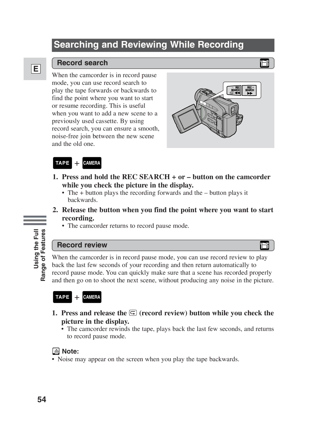 Canon ZR30MC instruction manual Searching and Reviewing While Recording, Record search, Record review 