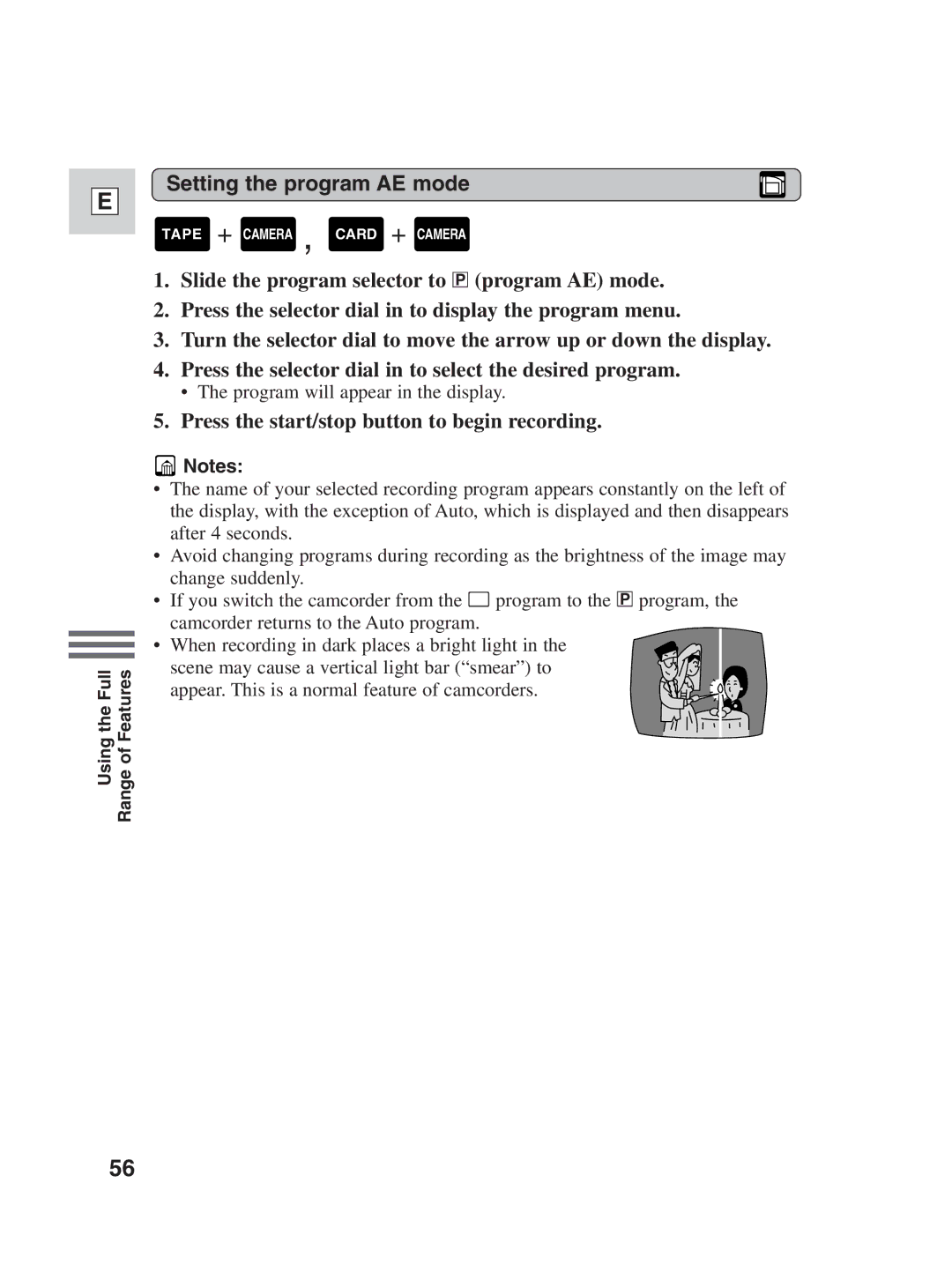 Canon ZR30MC instruction manual Setting the program AE mode, Press the start/stop button to begin recording 