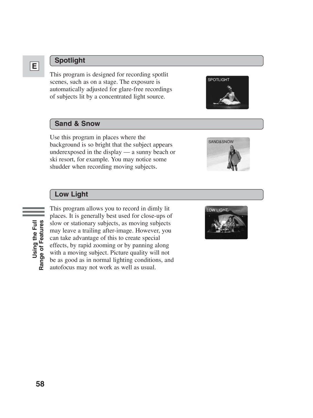 Canon ZR30MC instruction manual Spotlight, Sand & Snow, Low Light 