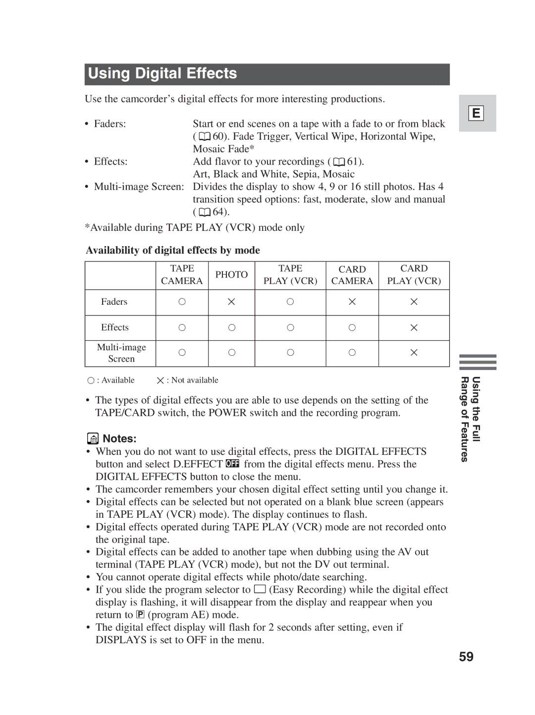 Canon ZR30MC instruction manual Using Digital Effects, Availability of digital effects by mode 