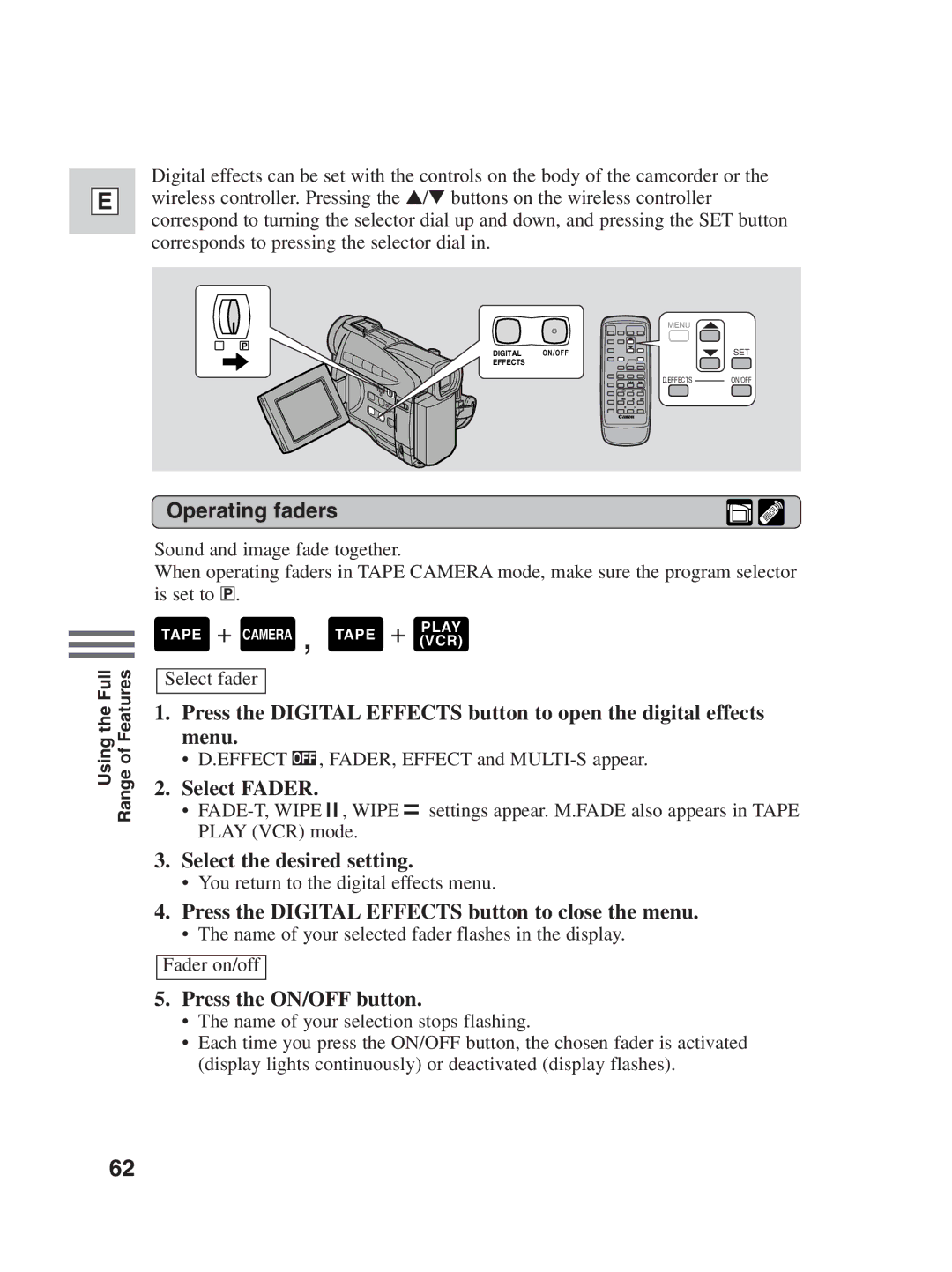 Canon ZR30MC instruction manual Operating faders, Select Fader, Select the desired setting, Press the ON/OFF button 