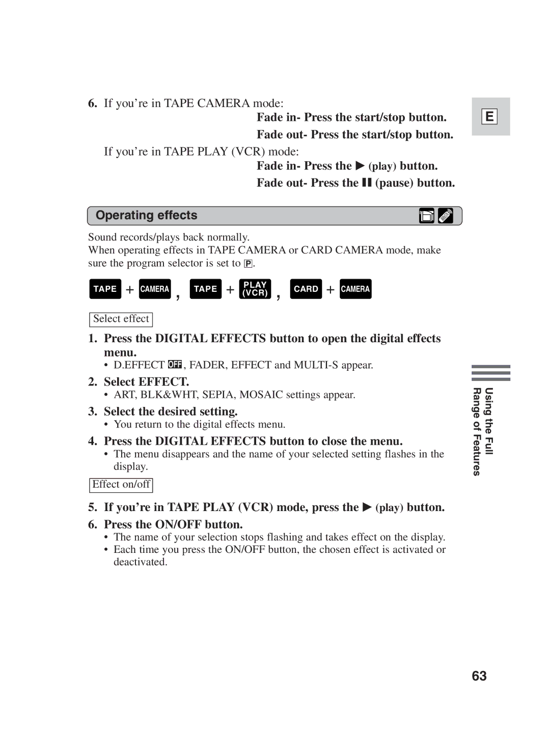 Canon ZR30MC instruction manual Operating effects, Select Effect 