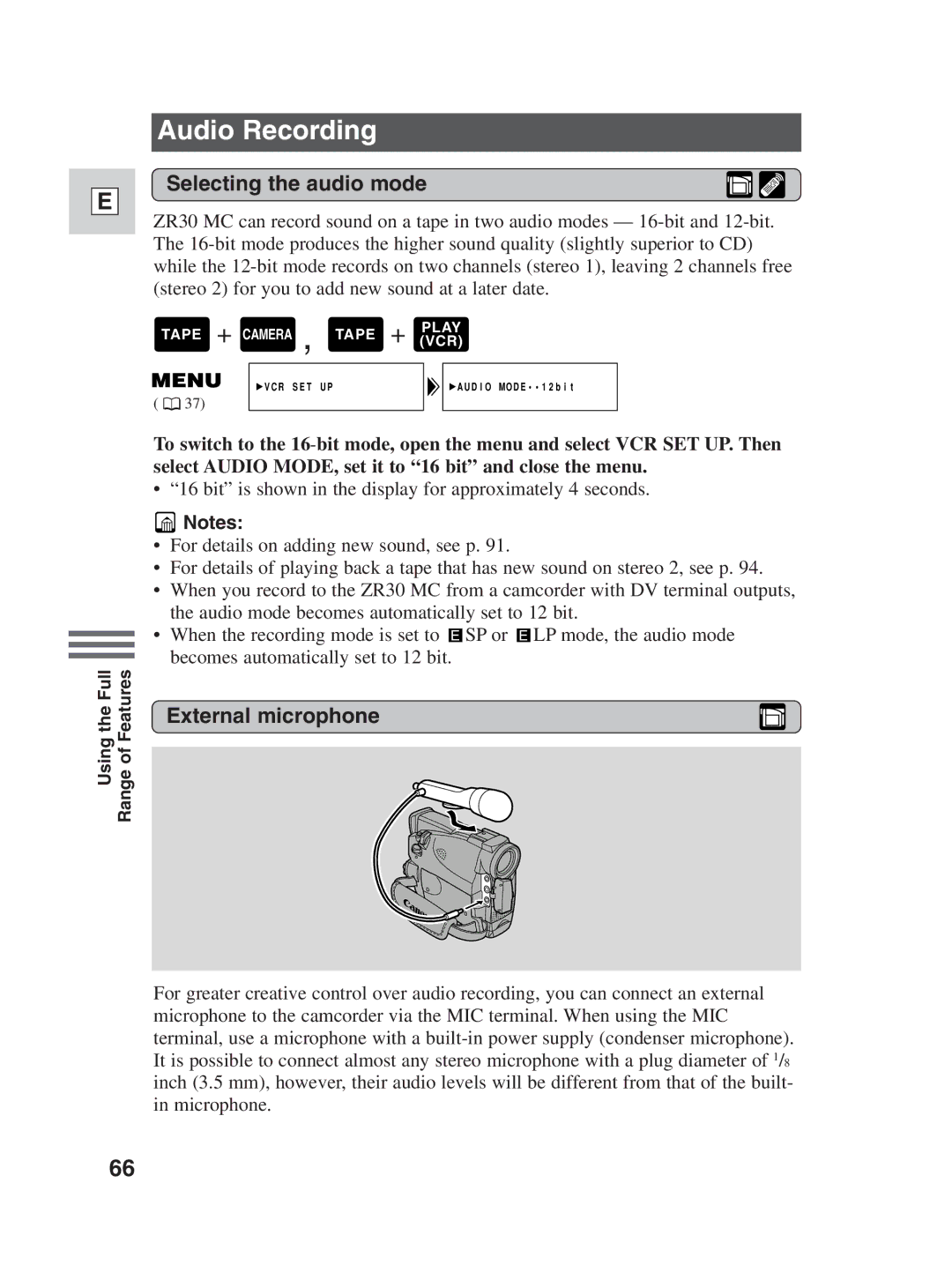 Canon ZR30MC instruction manual Audio Recording, Selecting the audio mode, External microphone 