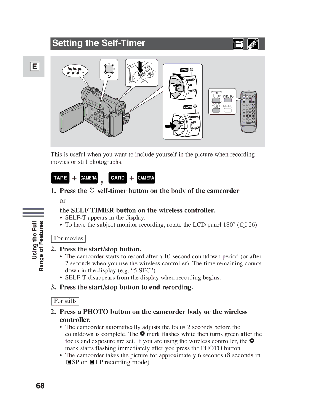 Canon ZR30MC instruction manual Setting the Self-Timer, Press the start/stop button to end recording 