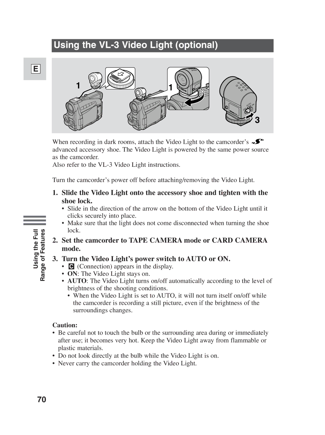 Canon ZR30MC instruction manual Using the VL-3 Video Light optional 