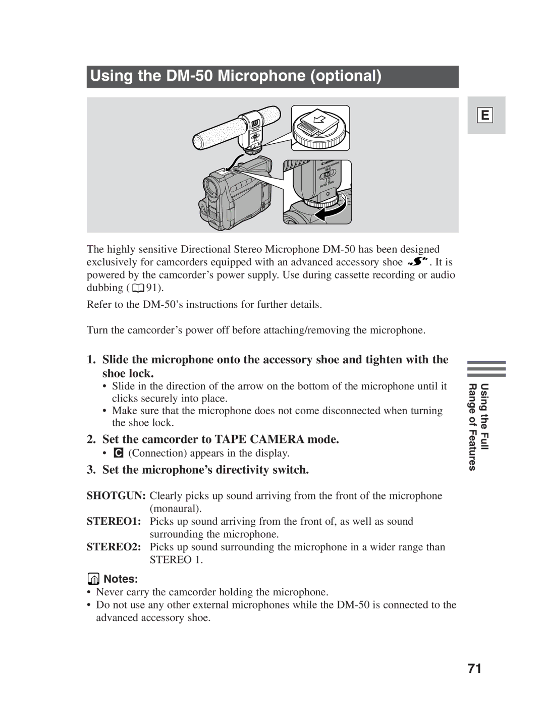 Canon ZR30MC instruction manual Using the DM-50 Microphone optional, Set the camcorder to Tape Camera mode 