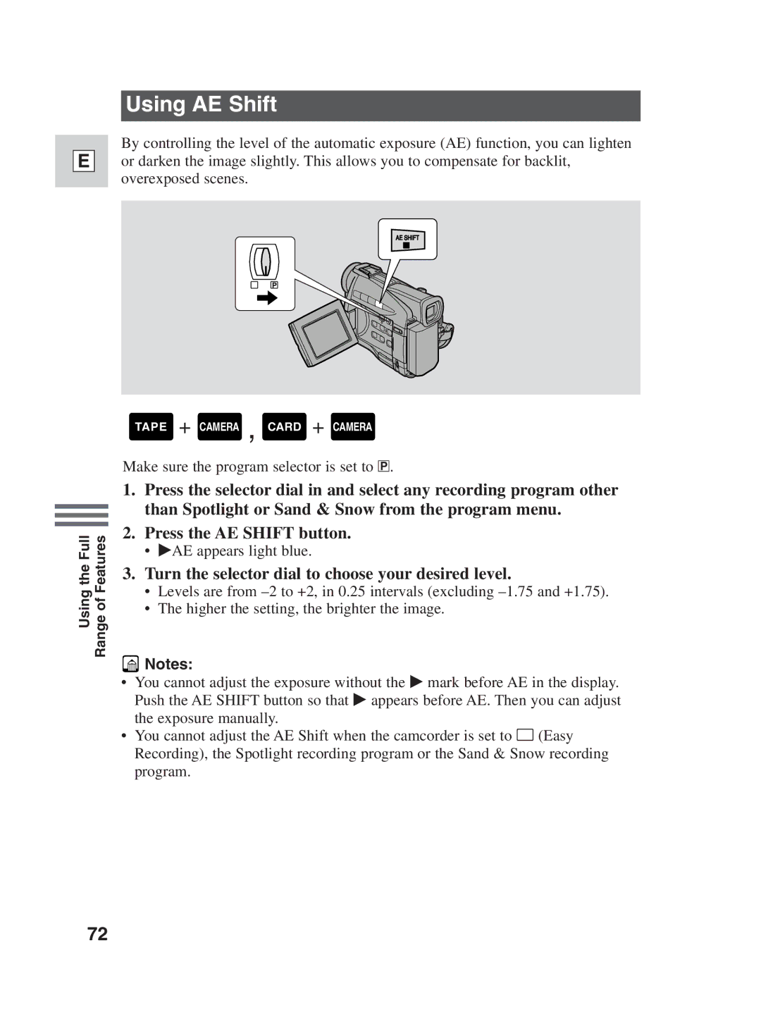 Canon ZR30MC instruction manual Using AE Shift, Turn the selector dial to choose your desired level 