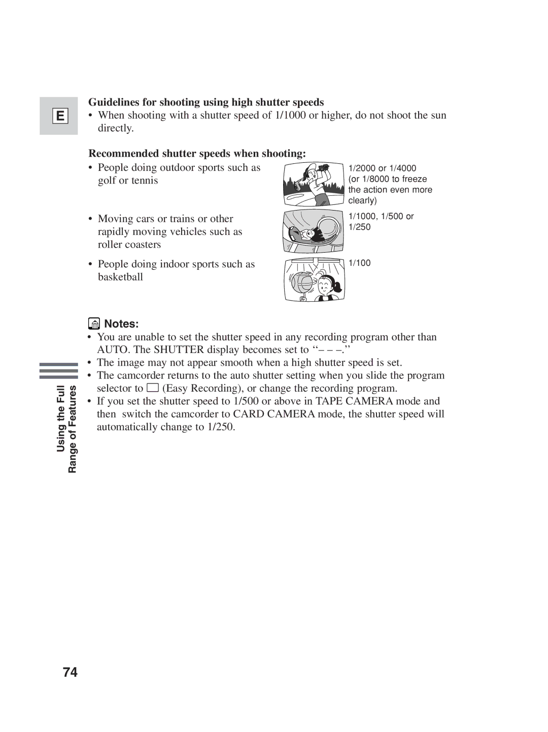 Canon ZR30MC instruction manual Guidelines for shooting using high shutter speeds, Recommended shutter speeds when shooting 