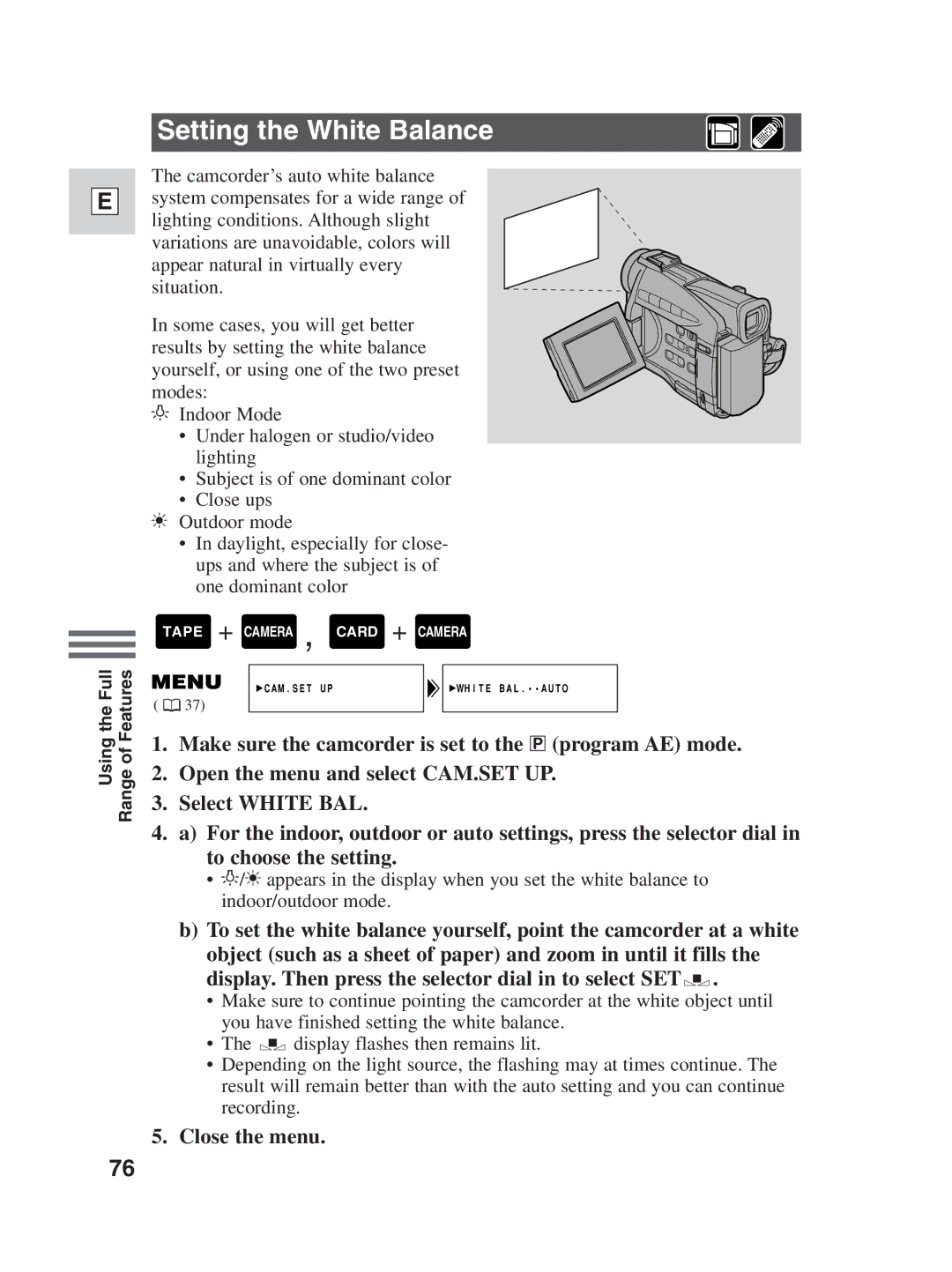 Canon ZR30MC instruction manual Setting the White Balance, Close the menu 