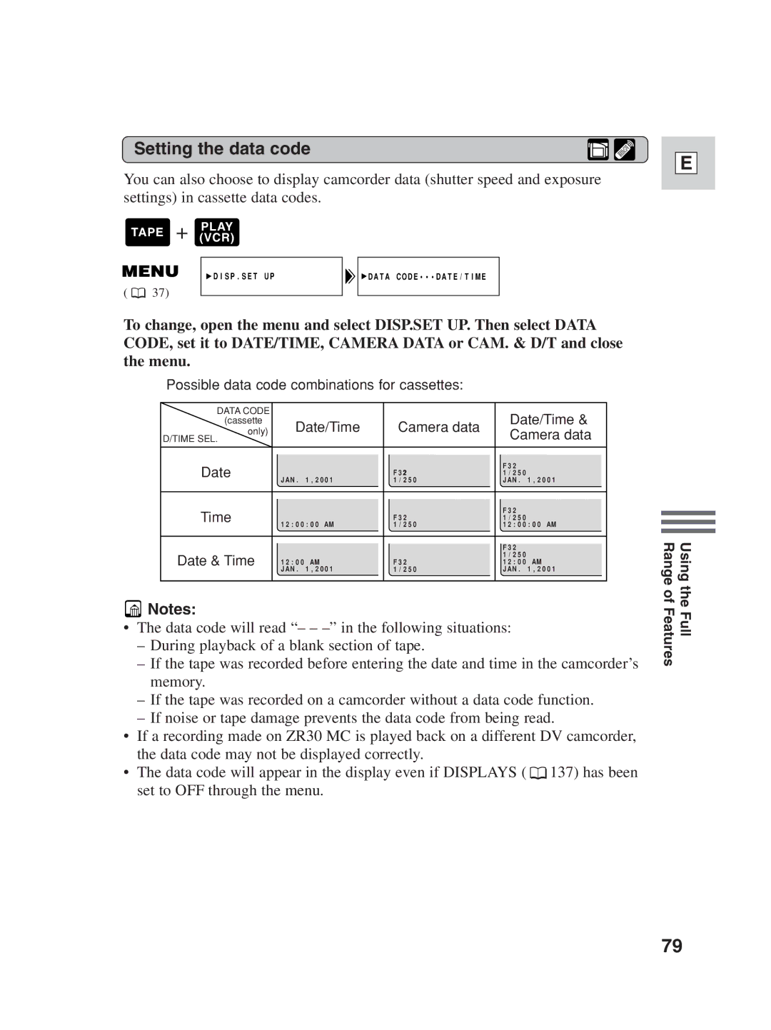 Canon ZR30MC instruction manual Setting the data code, Date 