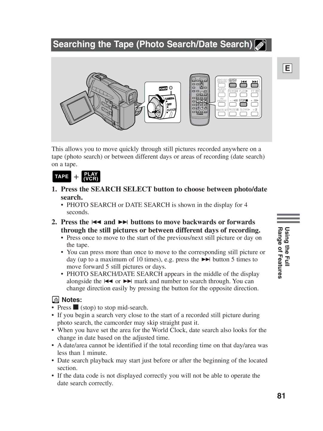 Canon ZR30MC instruction manual Searching the Tape Photo Search/Date Search 