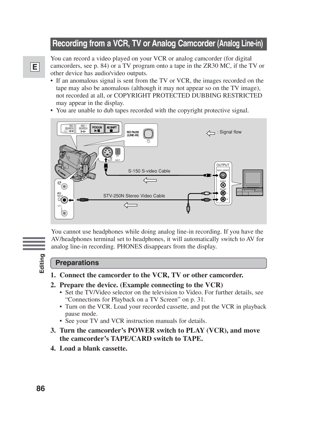 Canon ZR30MC instruction manual Recording from a VCR, TV or Analog Camcorder Analog Line-in 