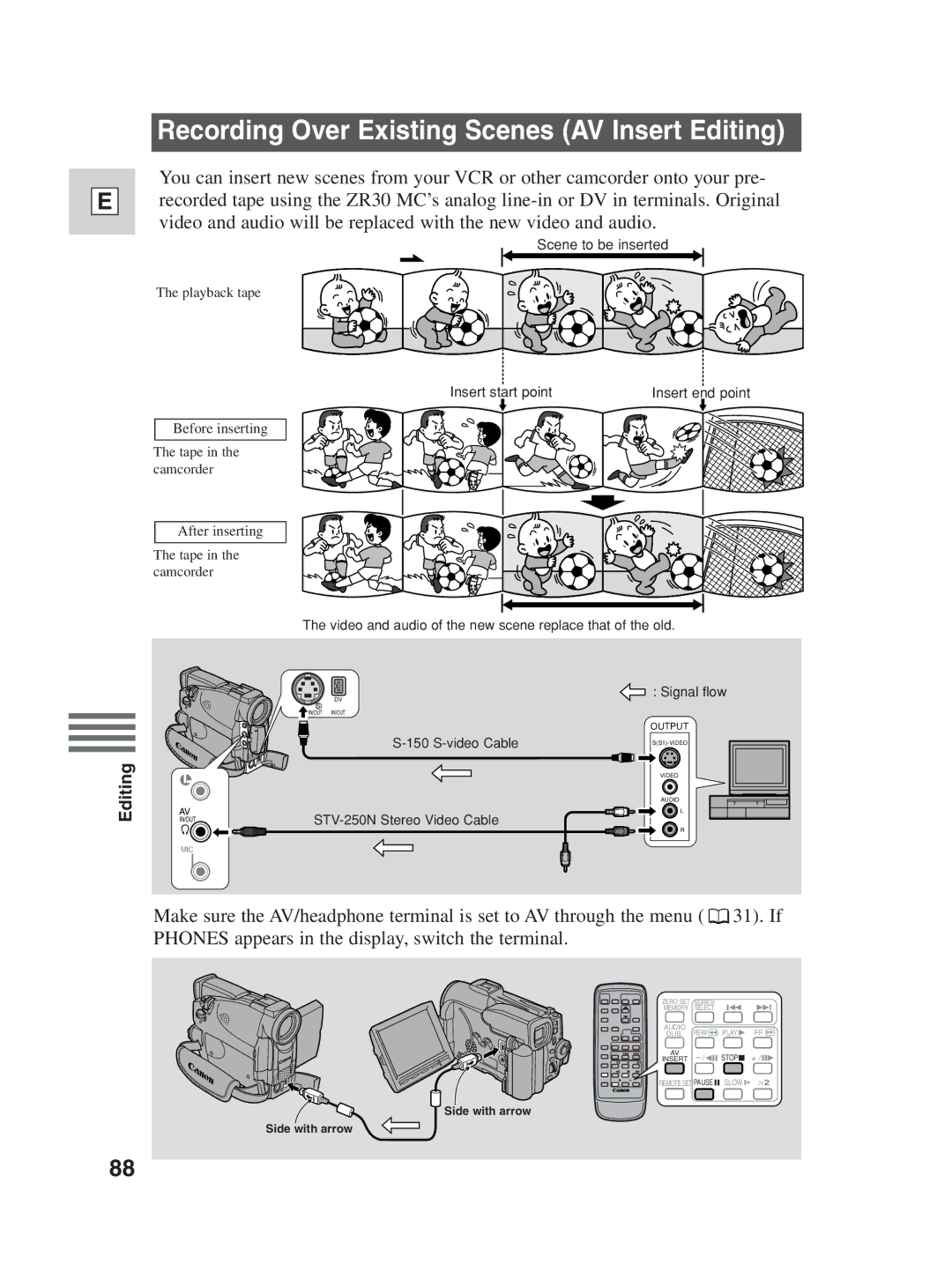 Canon ZR30MC instruction manual Recording Over Existing Scenes AV Insert Editing, Insert start point 