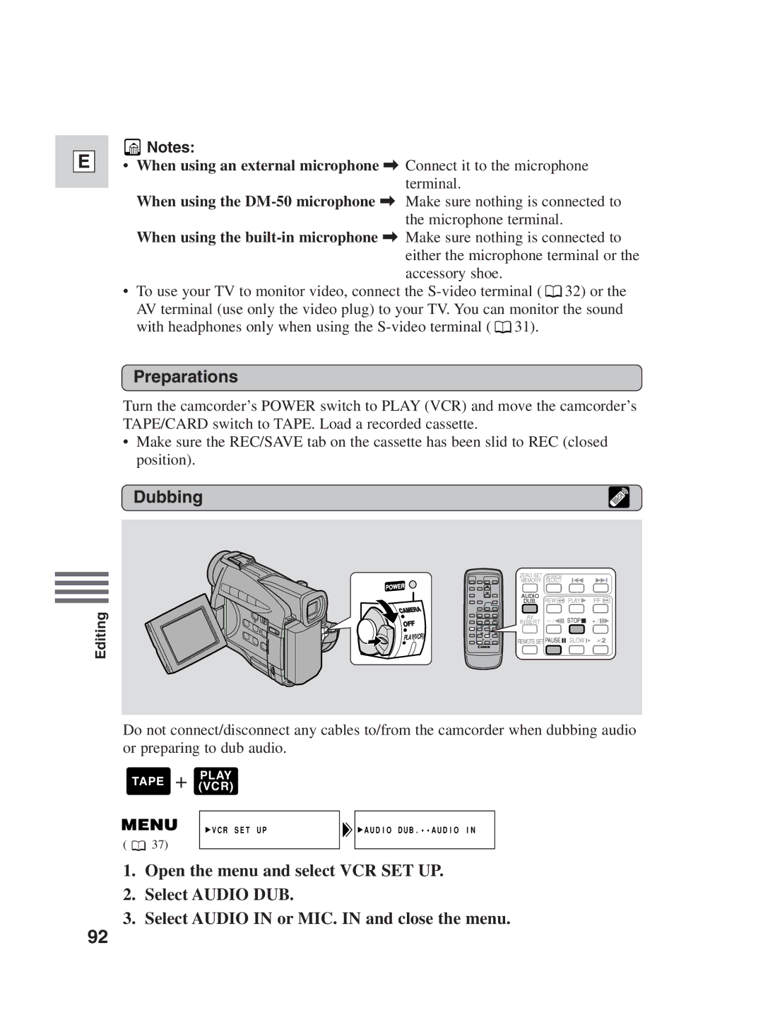 Canon ZR30MC instruction manual VCR SET UP Audio DUB.AUDIO 