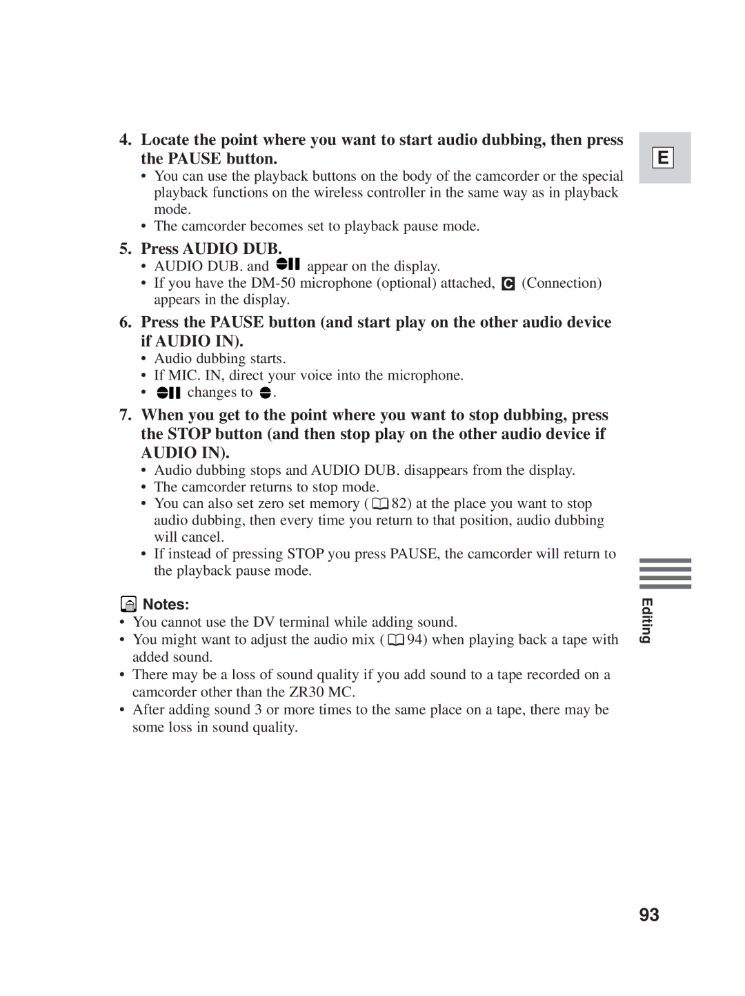 Canon ZR30MC instruction manual Press Audio DUB 