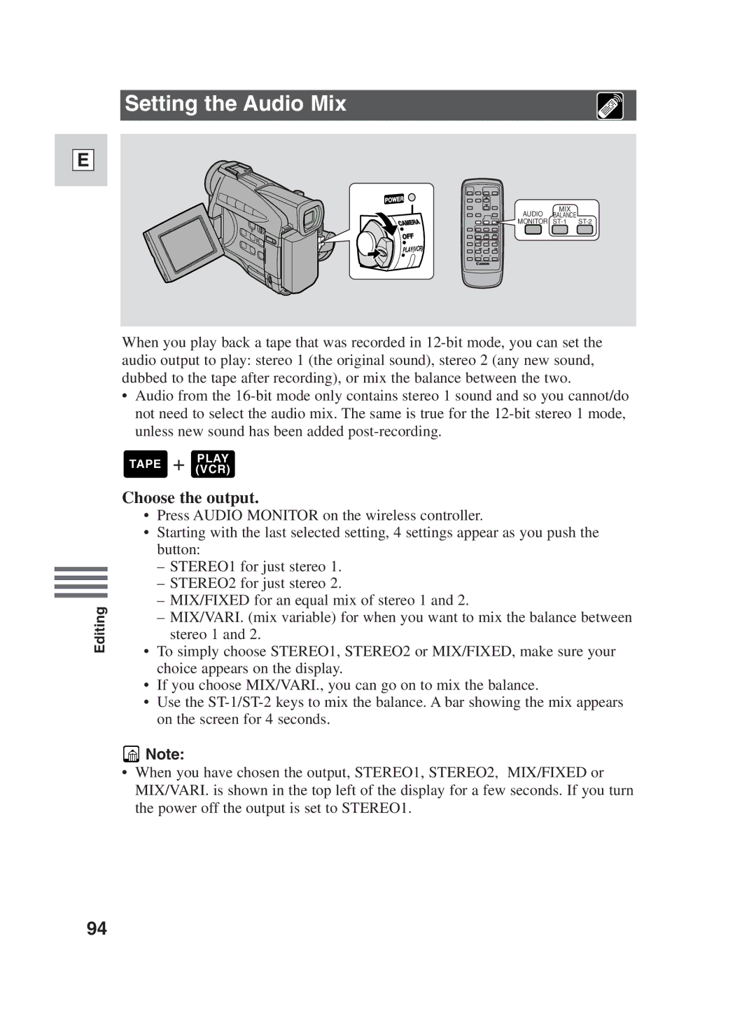 Canon ZR30MC instruction manual Setting the Audio Mix, Choose the output 