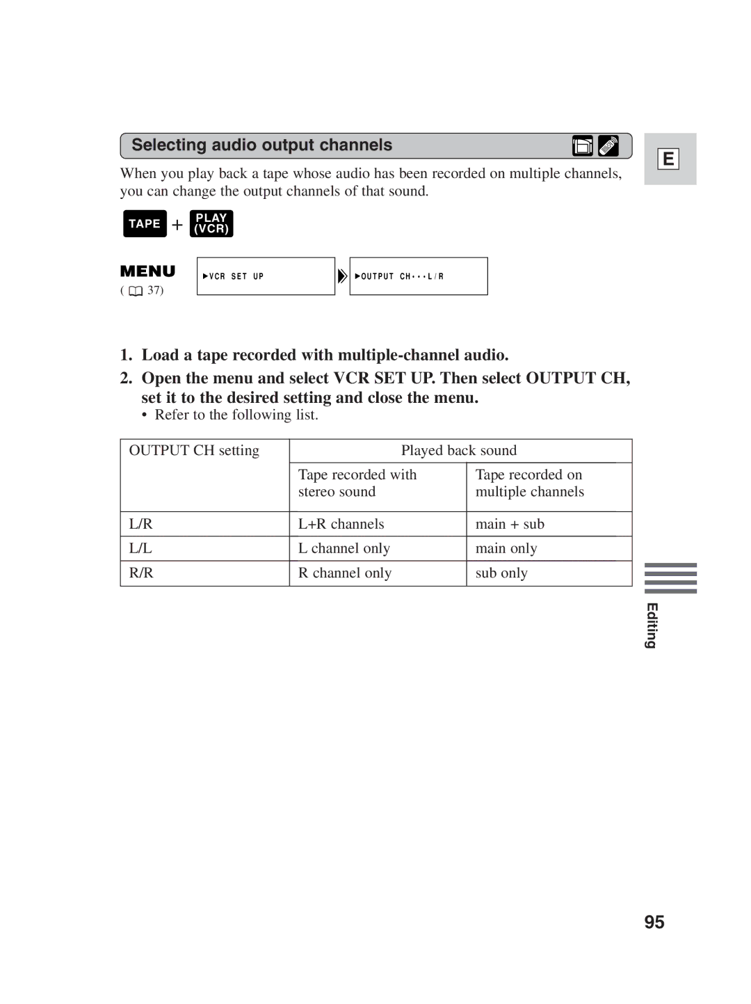 Canon ZR30MC instruction manual Selecting audio output channels 