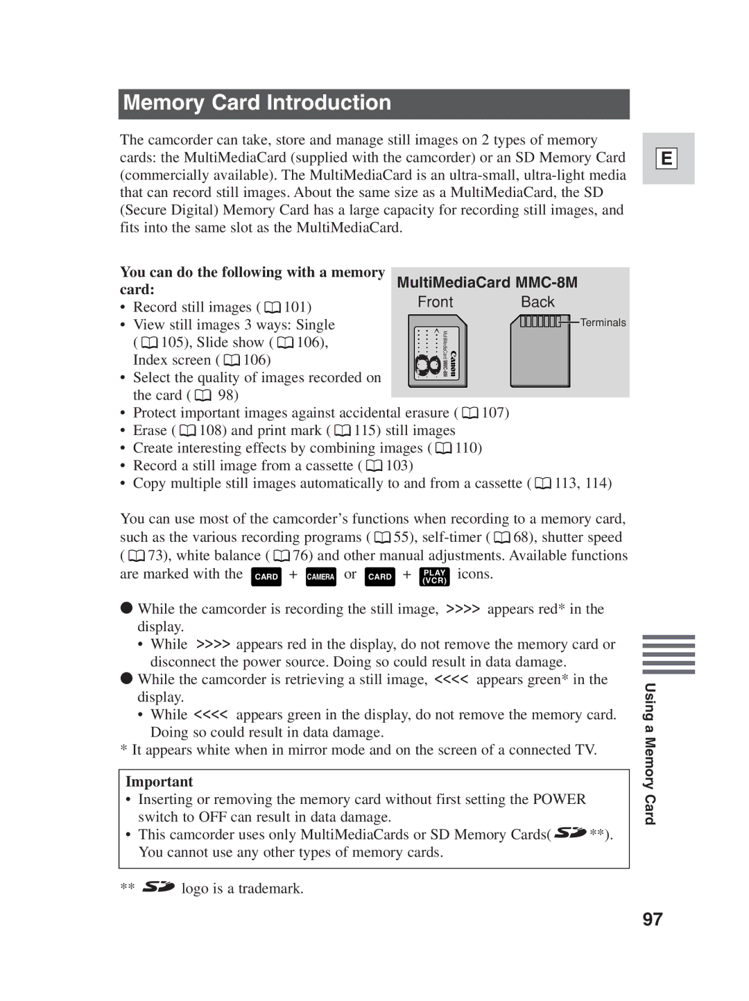 Canon ZR30MC instruction manual Memory Card Introduction, You can do the following with a memory 