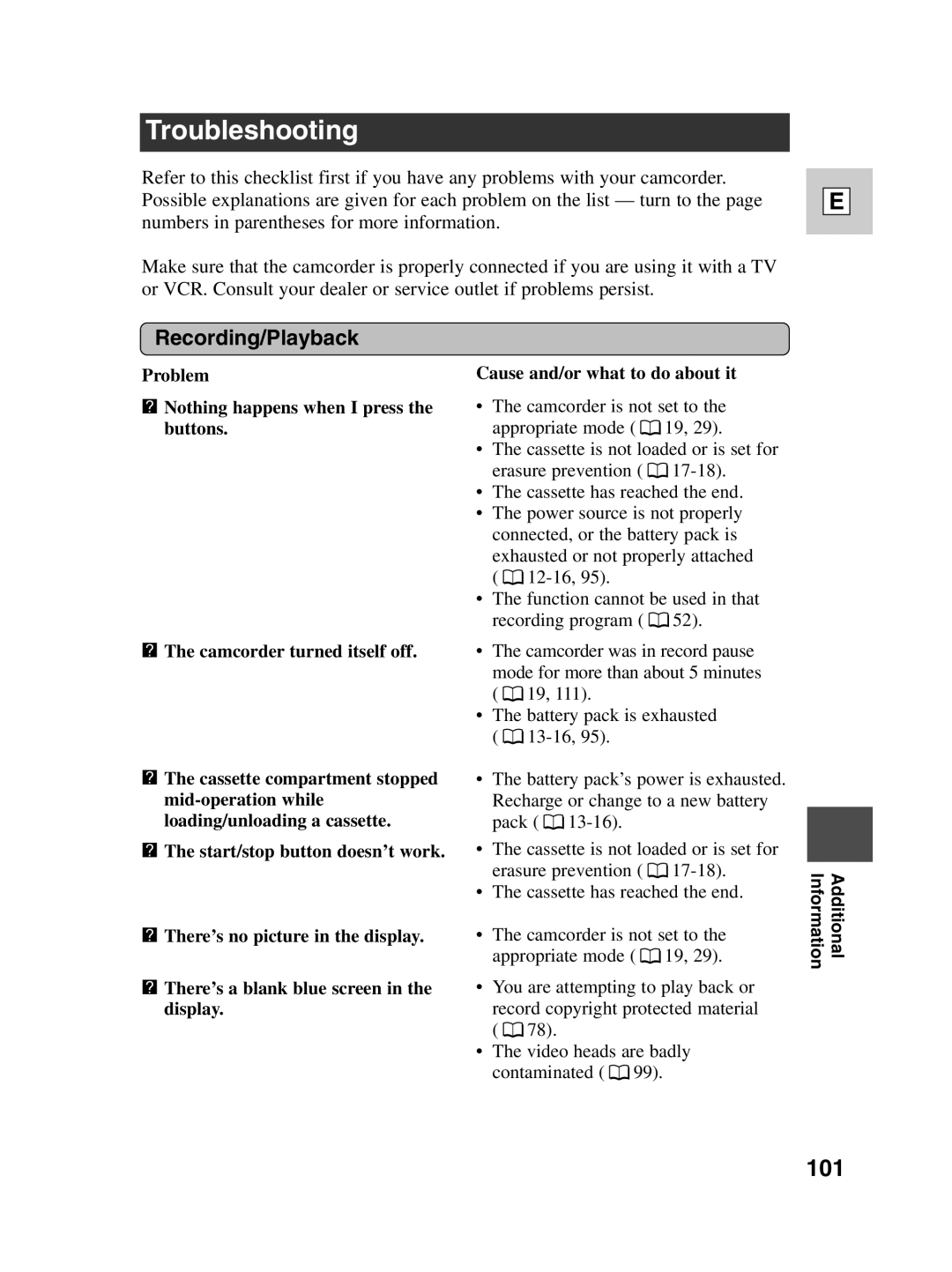 Canon ZR40 instruction manual Troubleshooting, 101, Recording/Playback 