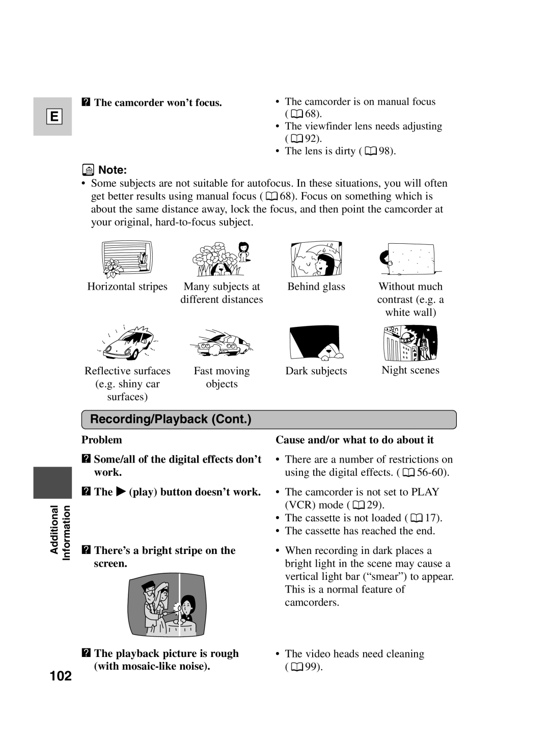 Canon ZR40 instruction manual 102, ? The camcorder won’t focus 