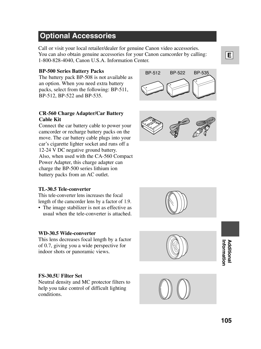 Canon ZR40 instruction manual Optional Accessories, 105 