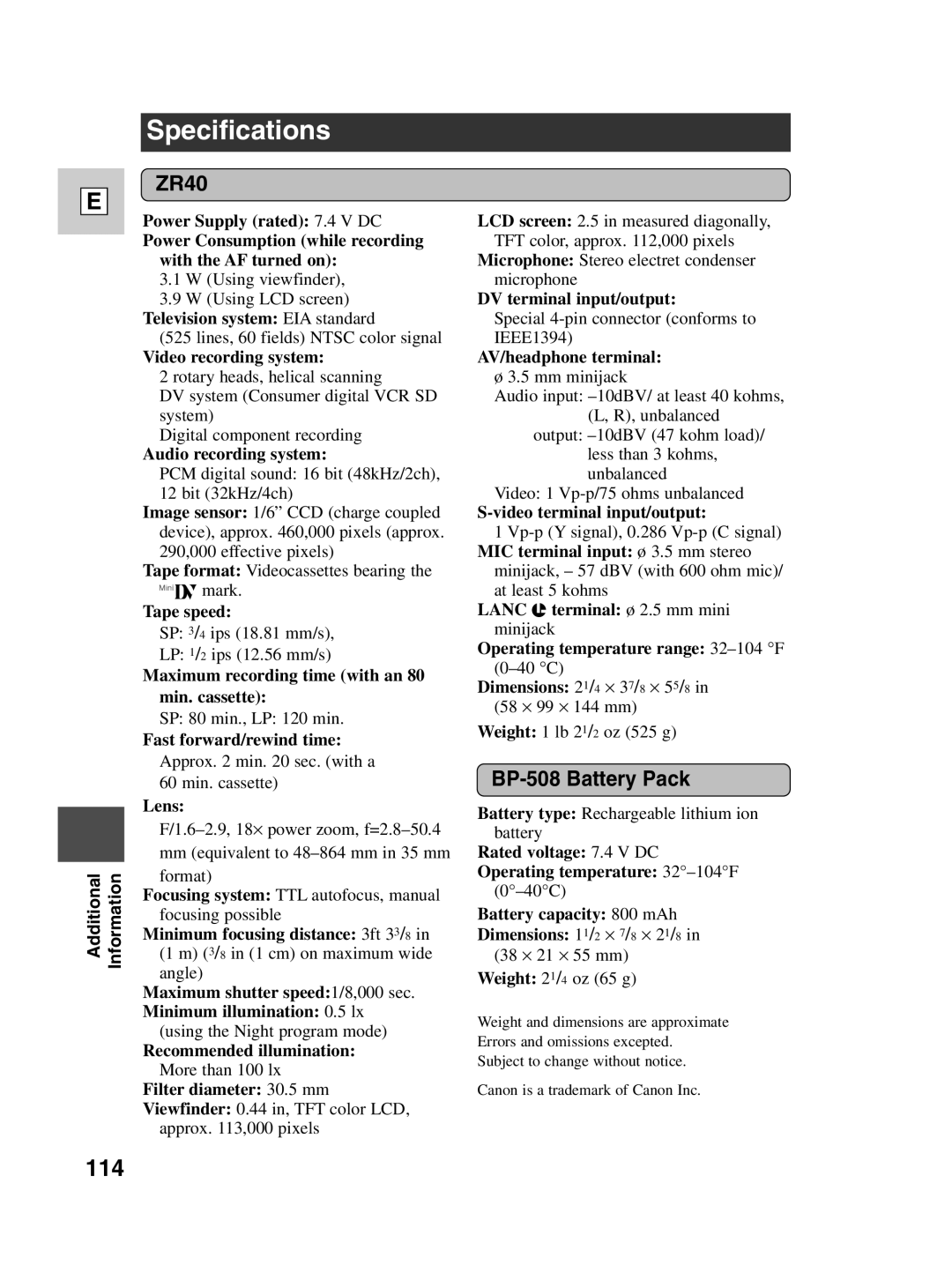 Canon ZR40 instruction manual Specifications, 114, BP-508 Battery Pack 