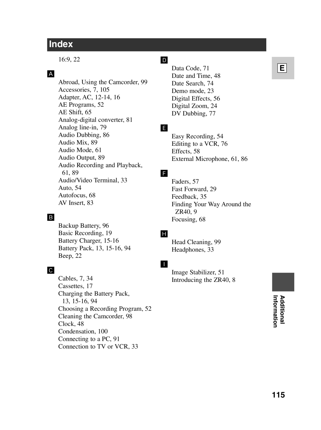 Canon ZR40 instruction manual Index, 115 