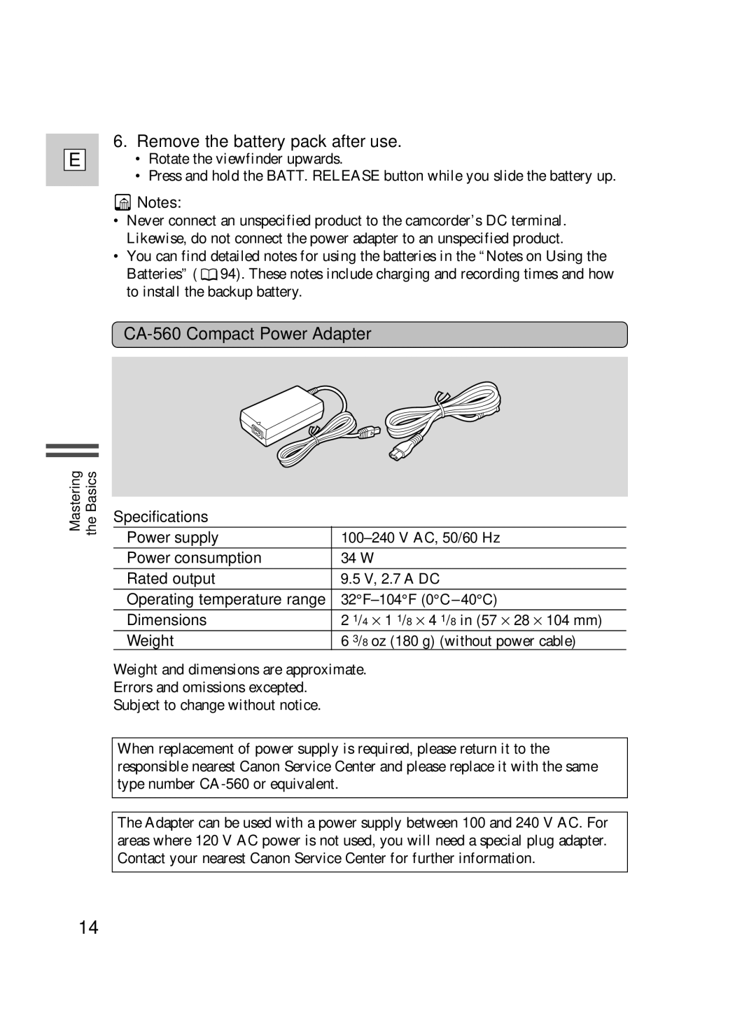 Canon ZR40 instruction manual Remove the battery pack after use, CA-560 Compact Power Adapter 