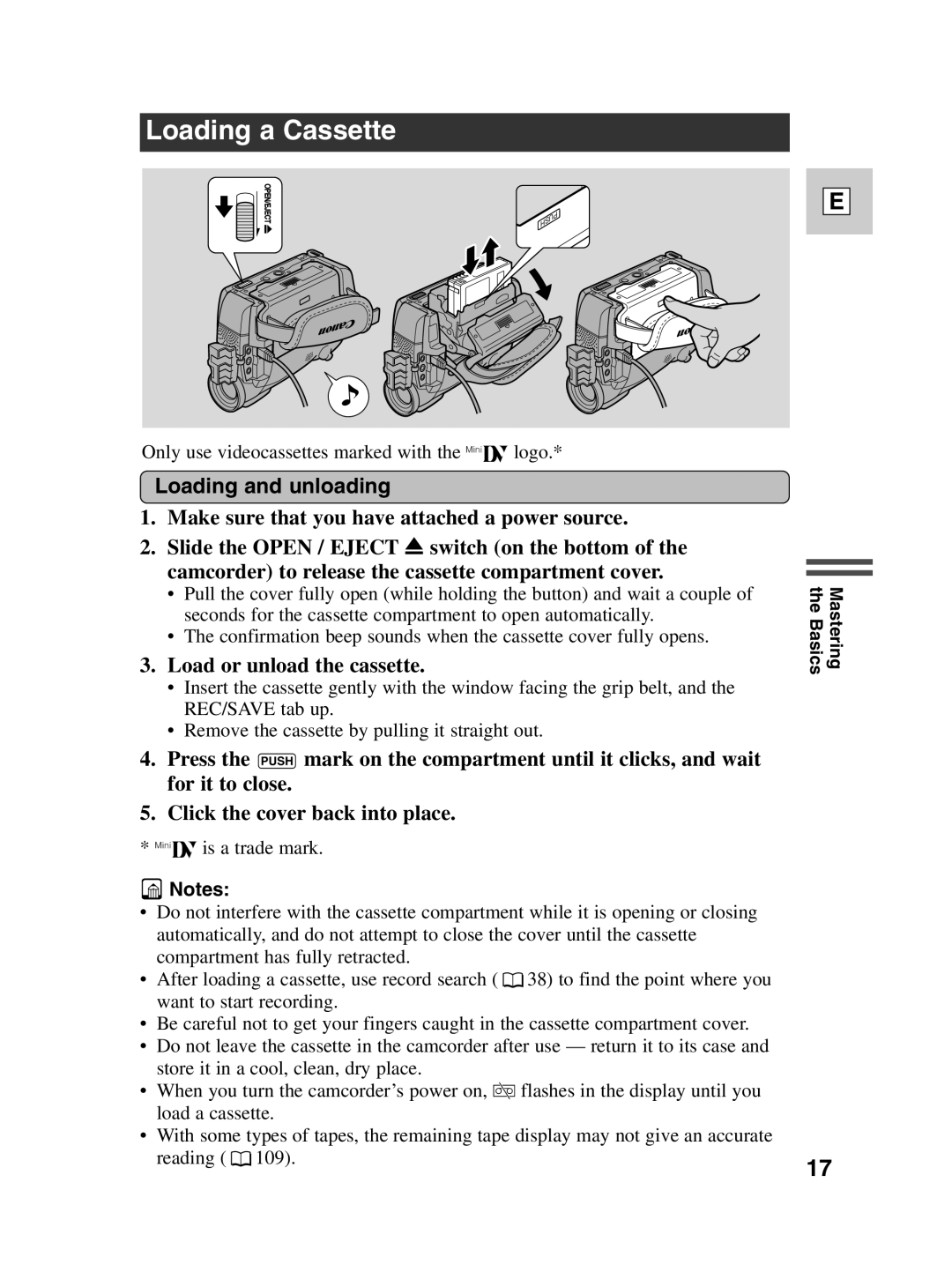 Canon ZR40 instruction manual Loading a Cassette, Loading and unloading, Load or unload the cassette 