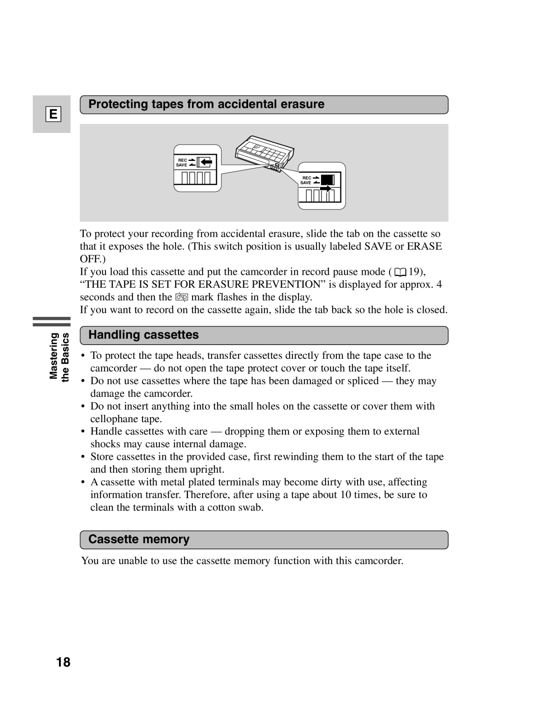 Canon ZR40 instruction manual Protecting tapes from accidental erasure, Handling cassettes, Cassette memory 