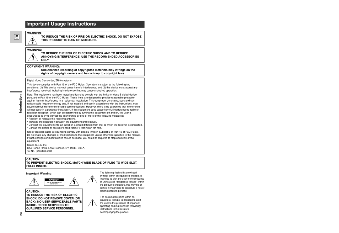 Canon ZR40 instruction manual Important Usage Instructions 