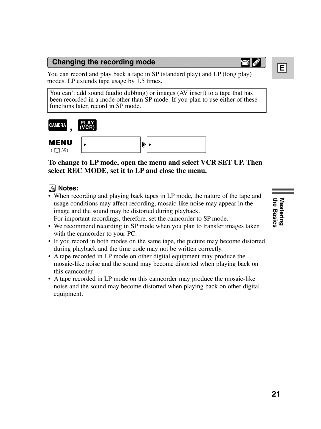 Canon ZR40 instruction manual Changing the recording mode 