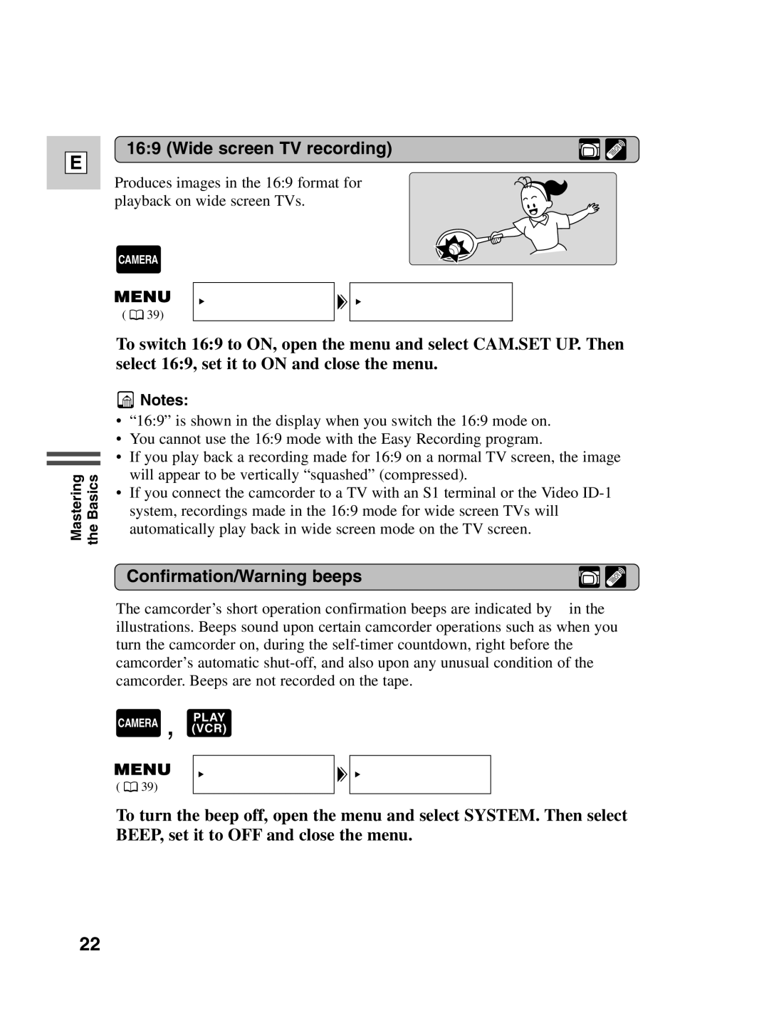 Canon ZR40 instruction manual Wide screen TV recording, Confirmation/Warning beeps 