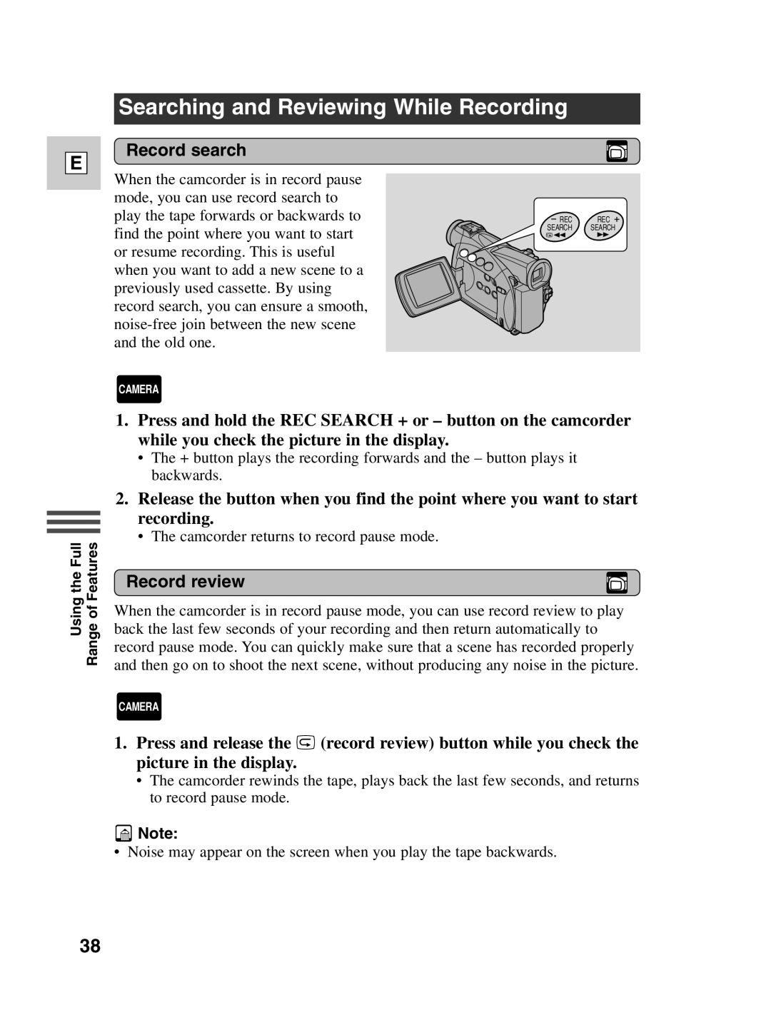 Canon ZR40 instruction manual Searching and Reviewing While Recording, Record search, Record review 