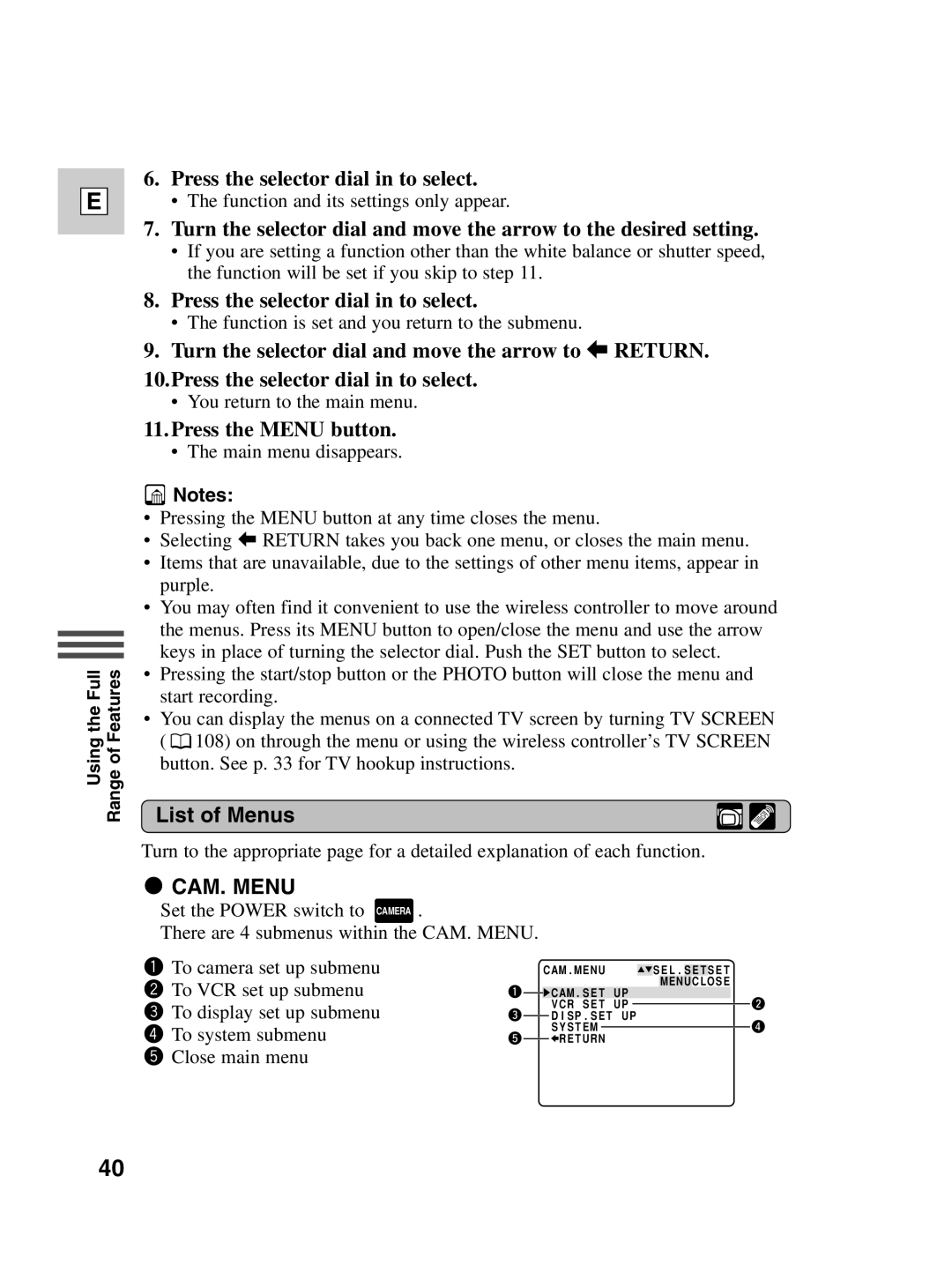 Canon ZR40 instruction manual Press the Menu button, List of Menus 