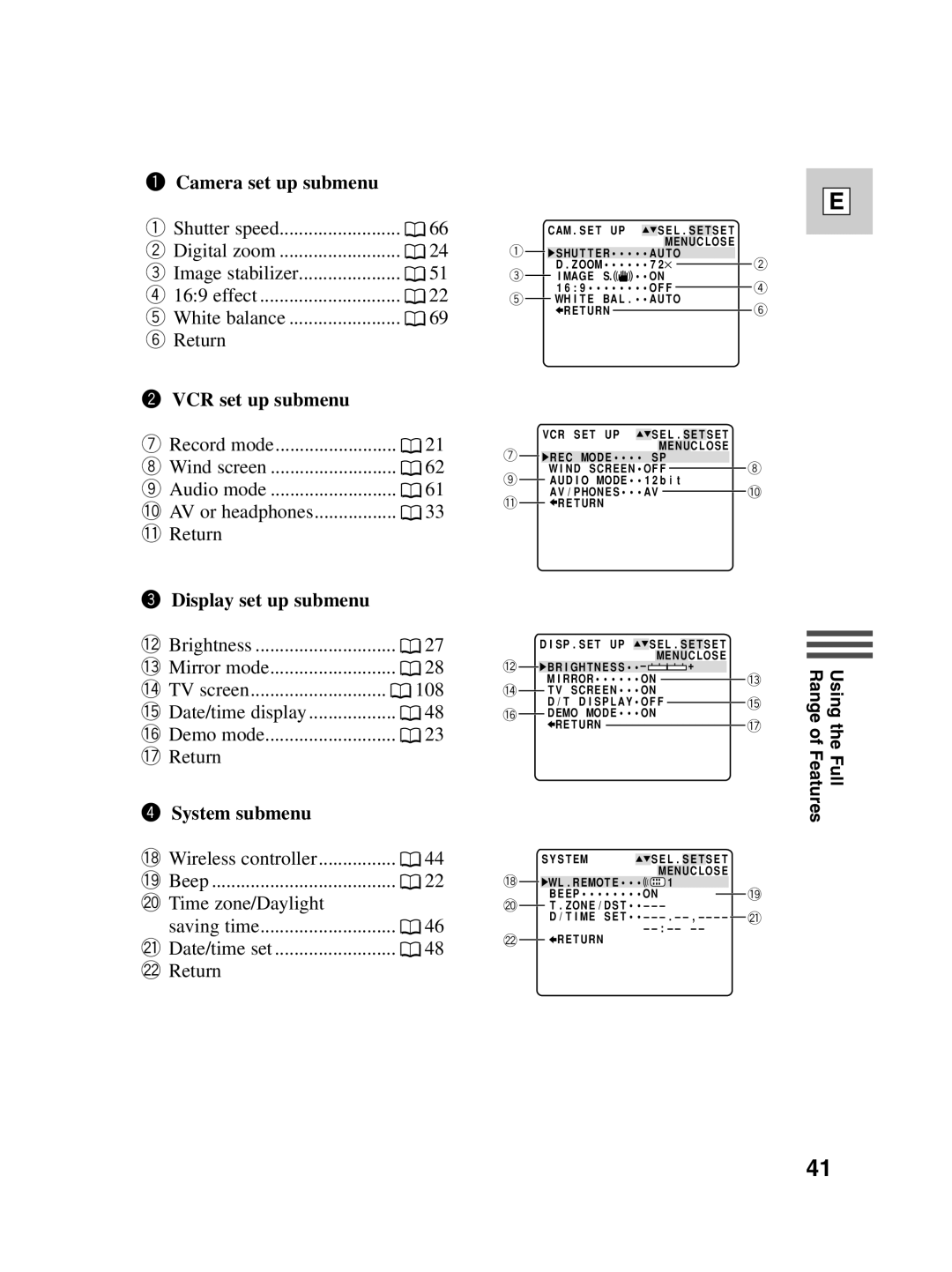 Canon ZR40 instruction manual Camera set up submenu, VCR set up submenu, Display set up submenu, System submenu 