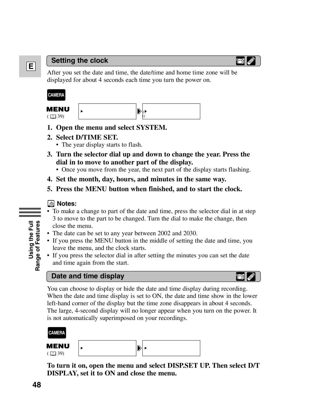 Canon ZR40 instruction manual Setting the clock, Open the menu and select System Select D/TIME SET, Date and time display 