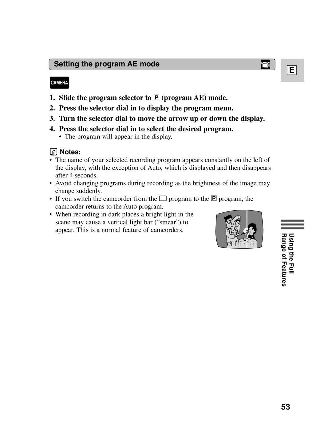 Canon ZR40 instruction manual Setting the program AE mode 