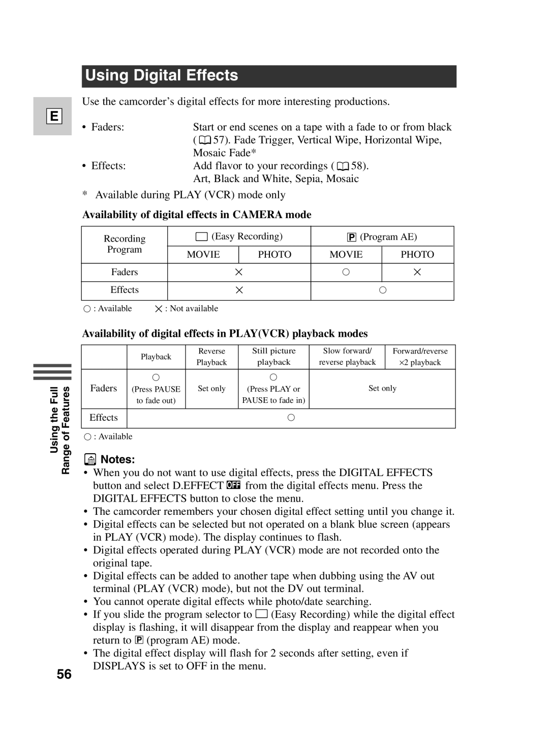 Canon ZR40 instruction manual Using Digital Effects, Availability of digital effects in Camera mode 