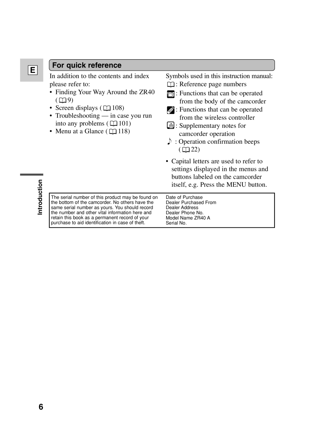 Canon ZR40 instruction manual For quick reference 