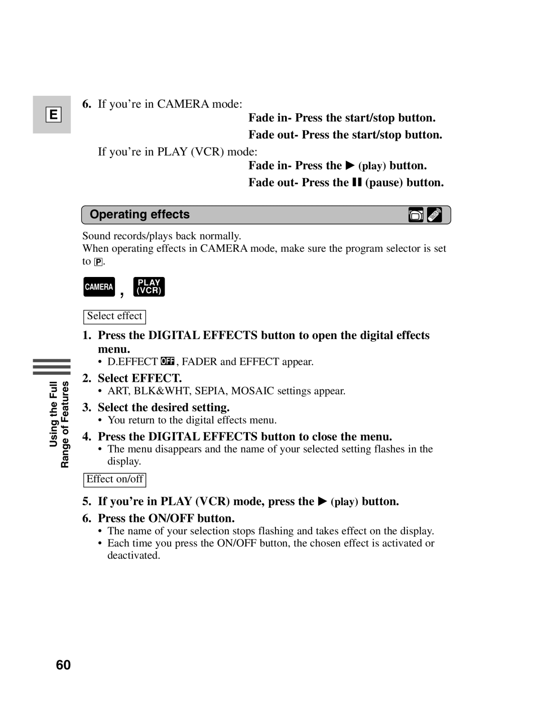 Canon ZR40 instruction manual Operating effects, Select Effect 