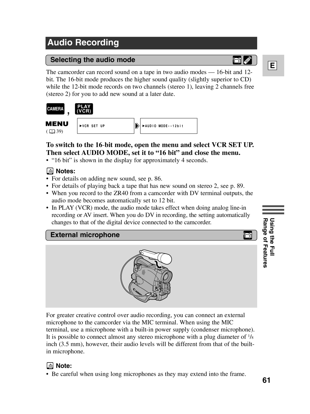 Canon ZR40 instruction manual Audio Recording, Selecting the audio mode, External microphone 