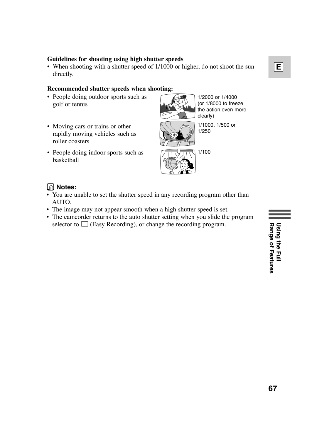 Canon ZR40 instruction manual Guidelines for shooting using high shutter speeds, Recommended shutter speeds when shooting 