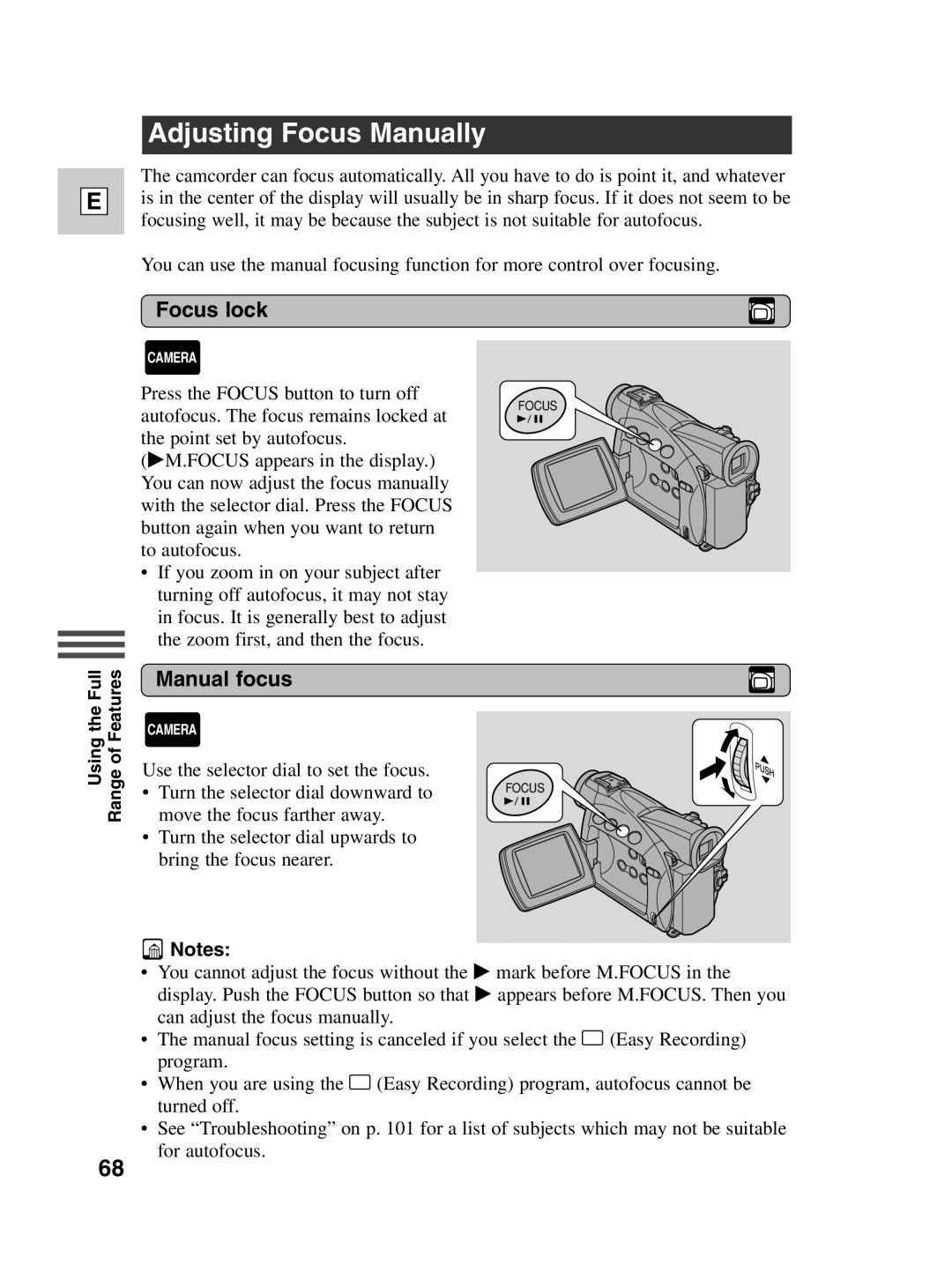 Canon ZR40 instruction manual Adjusting Focus Manually, Focus lock, Manual focus 