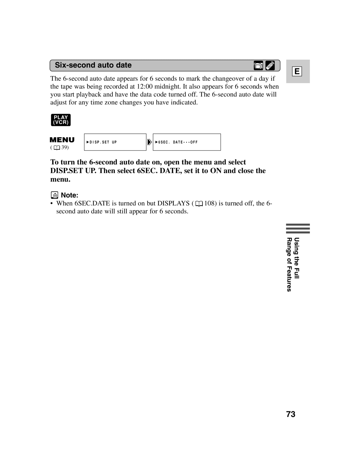 Canon ZR40 instruction manual Six-second auto date 