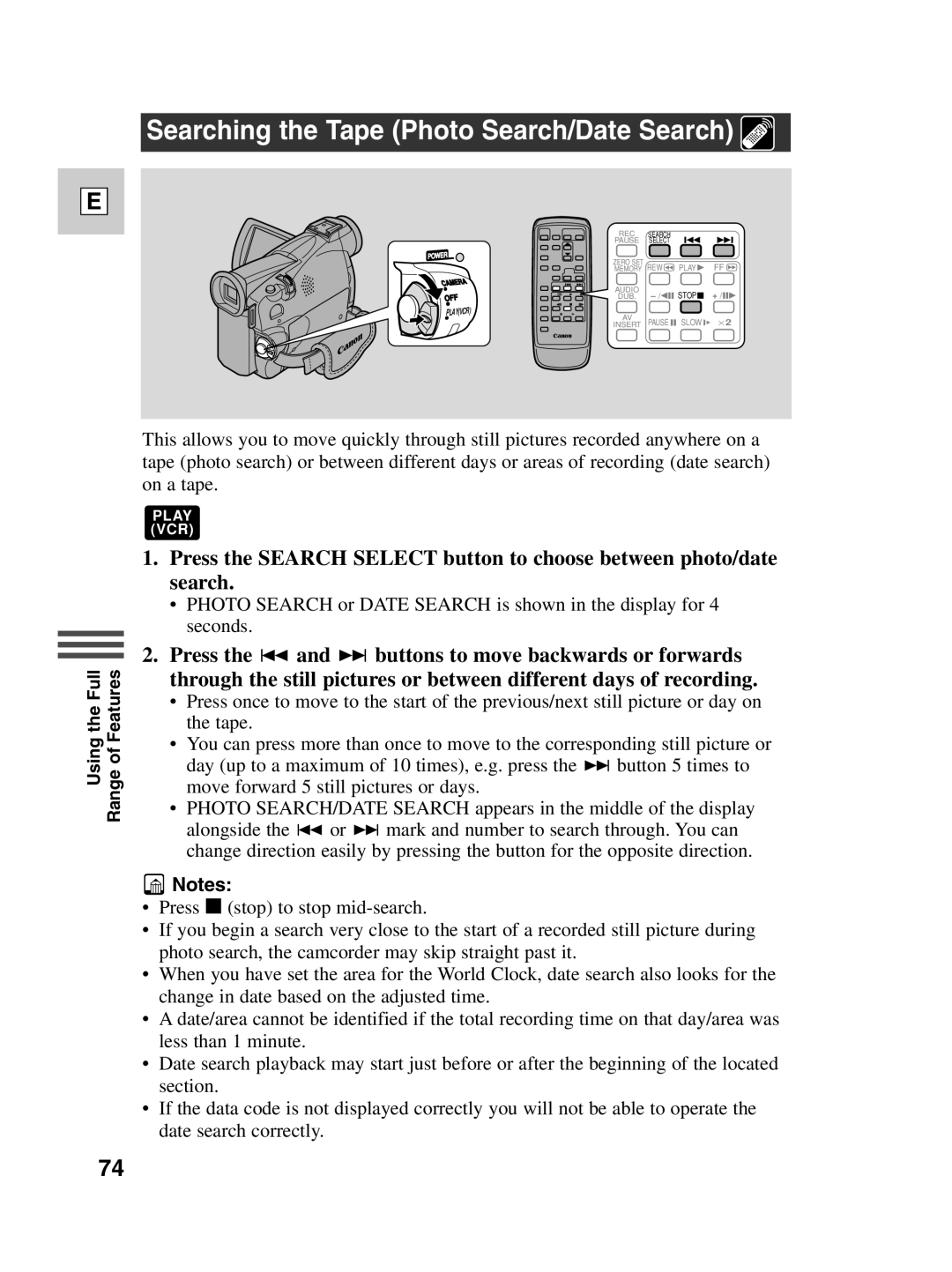 Canon ZR40 instruction manual Searching the Tape Photo Search/Date Search 