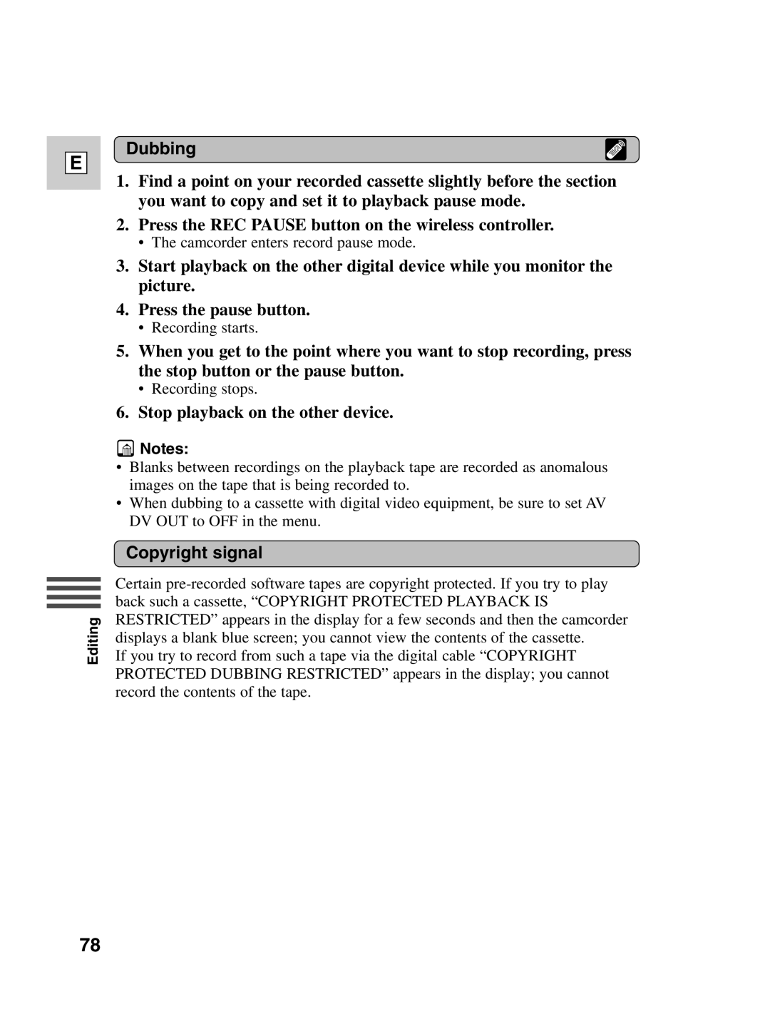 Canon ZR40 instruction manual Dubbing, Stop playback on the other device, Copyright signal 