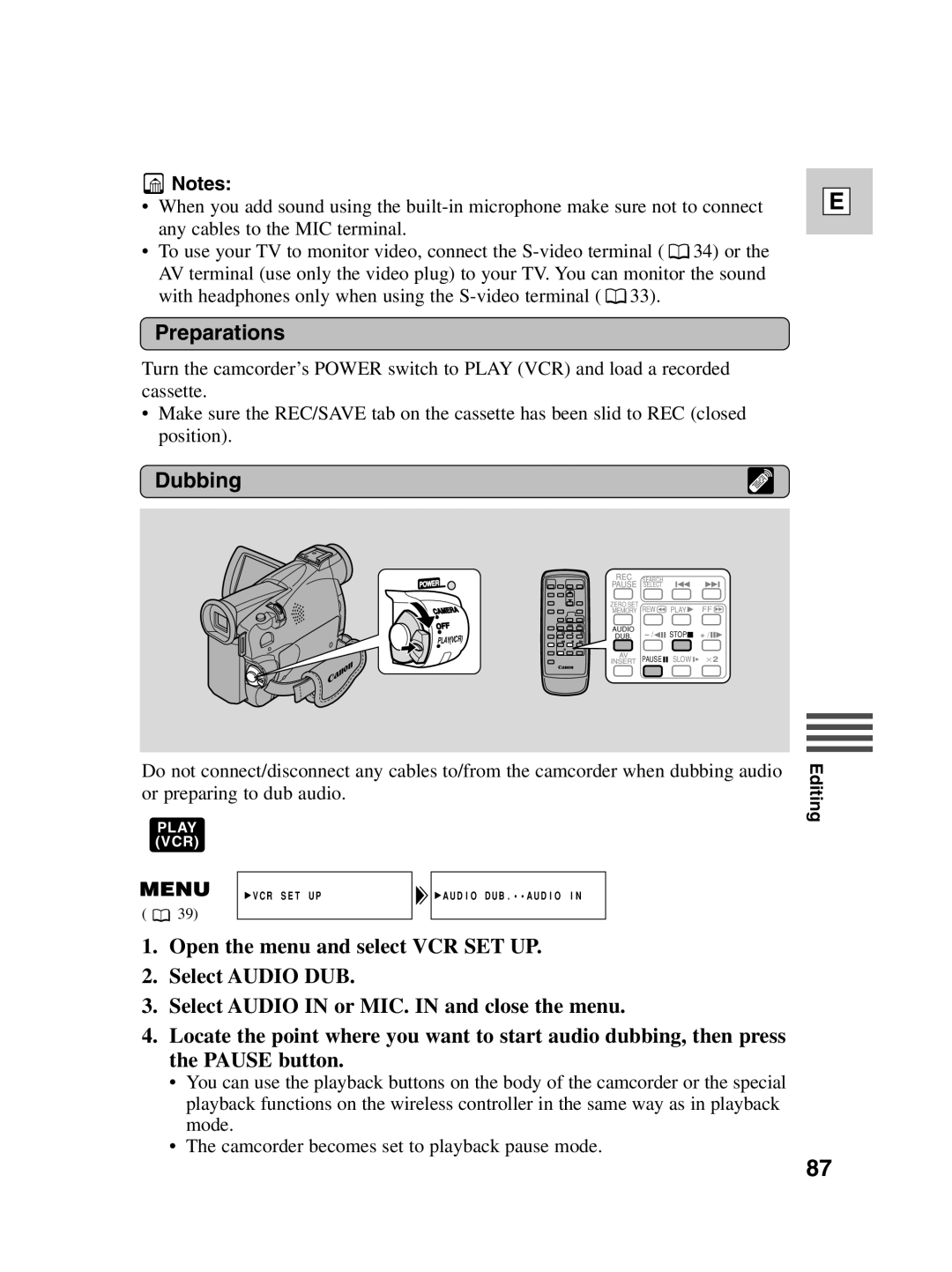 Canon ZR40 instruction manual VCR SET UP Audio DUB.AUDIO 