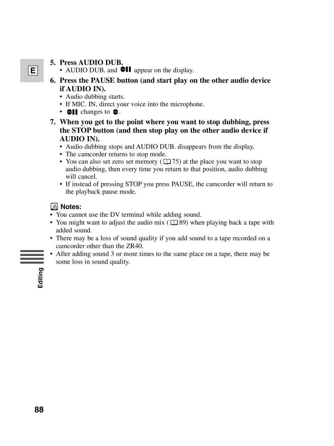 Canon ZR40 instruction manual Press Audio DUB 